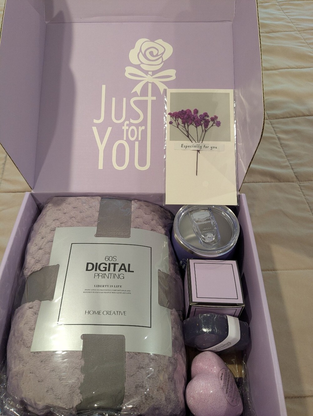 Lavender Spa Gift Set with Cozy Throw, Tumbler, Socks, Scented Candle, Etc.